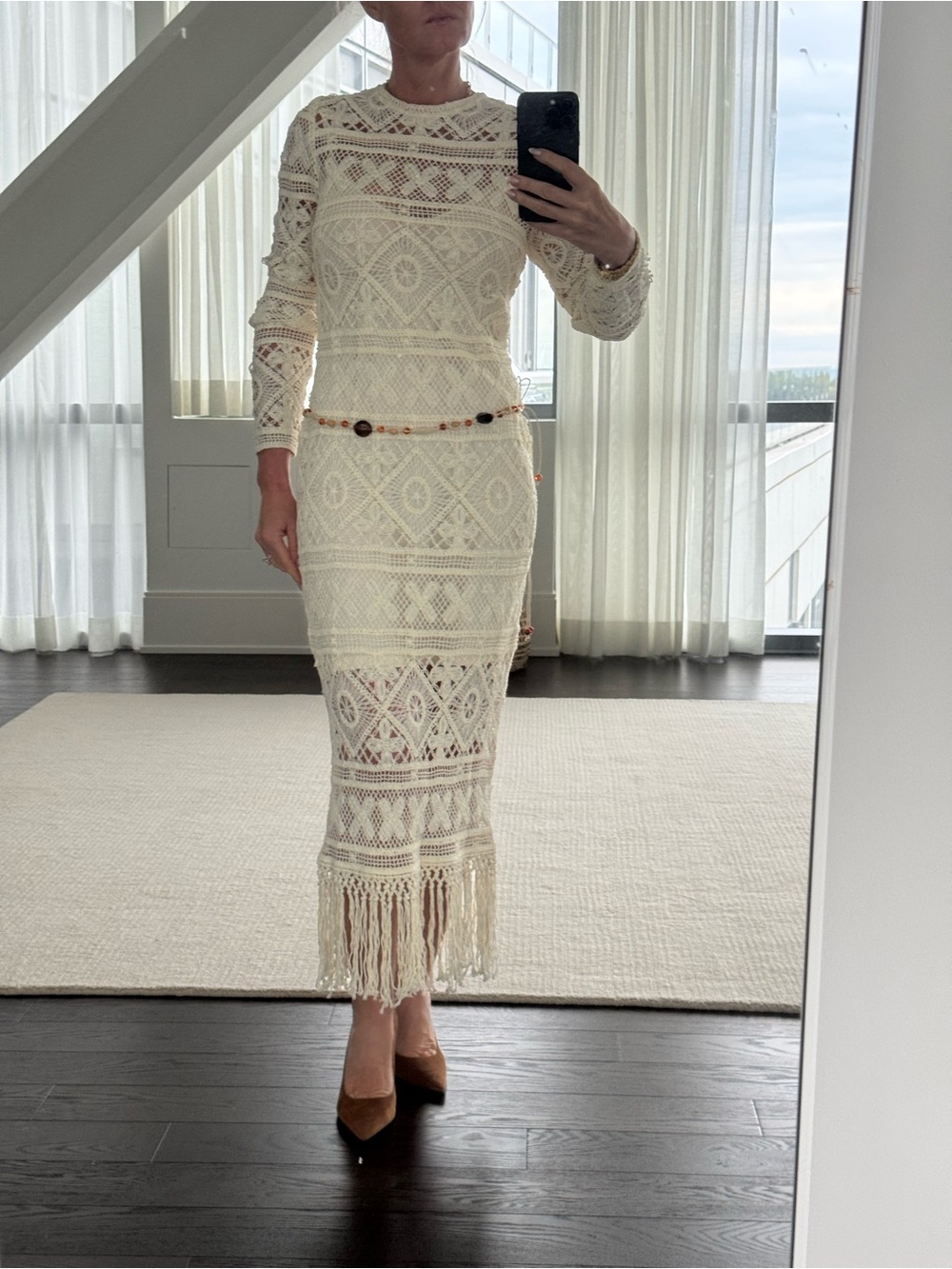 Zimmerman Cream Long Sleeve Crochet Fringe Maxi Dress